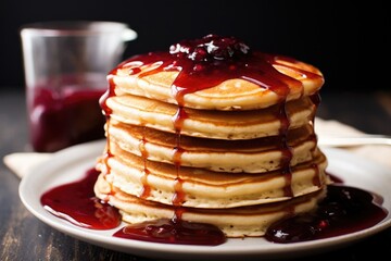 stack of homemade pancakes with syrup drizzle