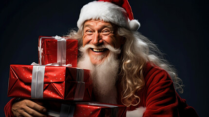 Smiling Santa Claus holding gifts in hands on isolated background - ai generative