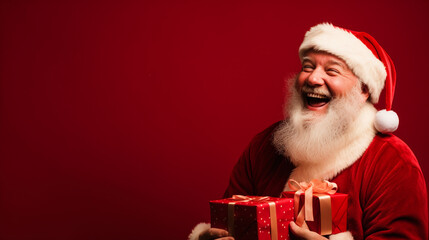 Smiling Santa Claus holding gifts in hands on isolated background - ai generative