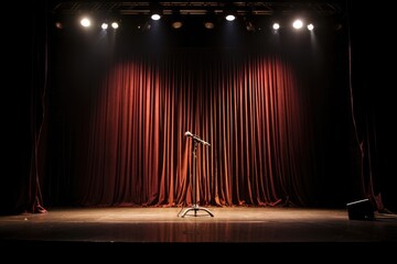 a microphone left alone on a stage - obrazy, fototapety, plakaty