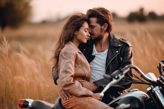 Young hipster couple on retro motorcycle, outdoor portrait. Generative Ai.