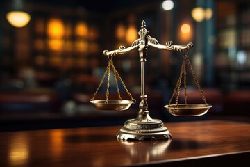 Judicial scales are on the table - obrazy, fototapety, plakaty
