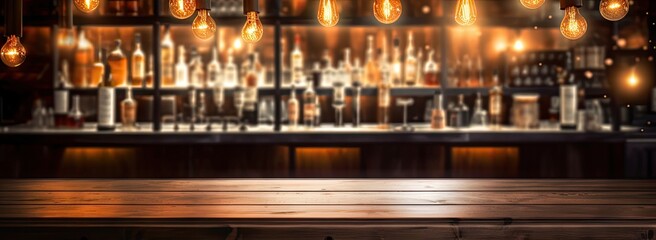 Nightlife vibe. Cozy pub interior with soft lighting. Relaxing evening at bar. Vintage decor and ambiance. Night to remember. Wooden table and empty counter in illumination - obrazy, fototapety, plakaty