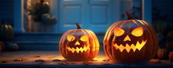 carved halloween pumpkins on a porch in front of a house