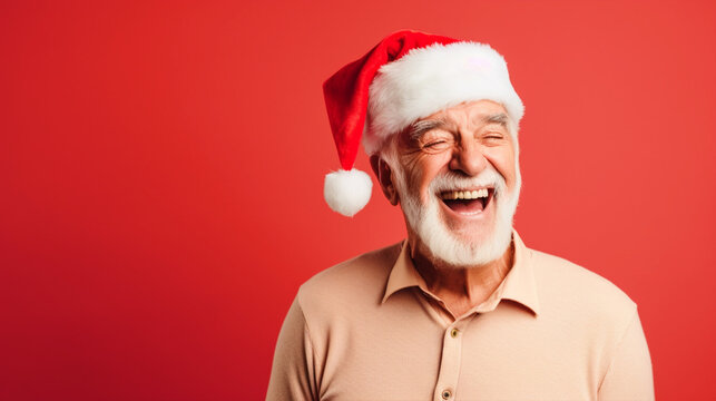 Happy old man portrait wearing Santa hat on isolated red background - ai generative