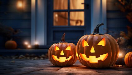 Obraz premium carved halloween pumpkins on a porch in front of a house