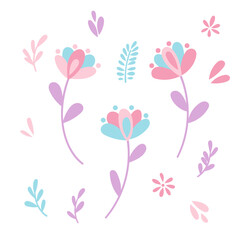 Cute pastel vector flower decoration elements, flat illustration spring doodle set