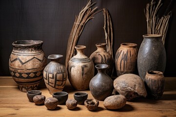 neolithic pottery pieces arranged on a wooden surface - obrazy, fototapety, plakaty