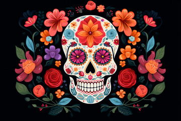 Colorful sugar skull with flowers on a black background, Dia de los Muertos