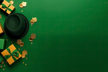 St Patrick's Day concept. leprechaun headwear gift boxes pot with gold coins.