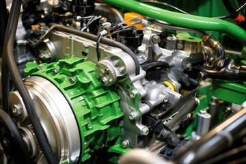 detailed shot of hybrid engine components - obrazy, fototapety, plakaty