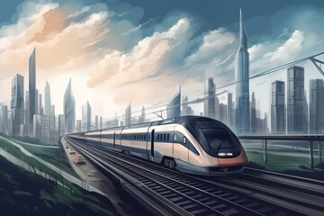A fast train in a city with skyscrapers, a distant tower, and cloudy sky. Generative AI