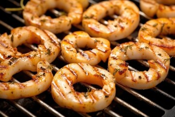 a detailed shot of grill marks on calamari rings