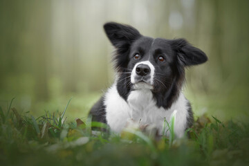 black and white border collie dog in green forest nature