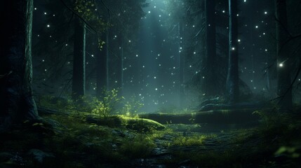 A dense forest aglow with fireflies, casting an ethereal light amidst the darkness.