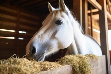 a white horse eating hay in a stable - Powered by Adobe