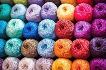 variety of crochet threads displayed in a gradient - obrazy, fototapety, plakaty