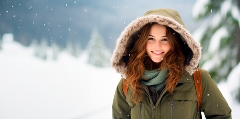 Fototapeta na wymiar banner of girl posing for the camera on snowy mountain.winter concept, copy space for text