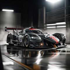 arafed race car in a garage with a bright light