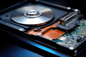 a close-up shot of the disk drive from a laptop - obrazy, fototapety, plakaty