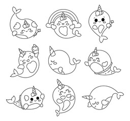 Little kawaii whale unicorn. Coloring Page. Cute cartoon sea animal characters for kids. Hand drawn style. Vector drawing. Collection of design elements.