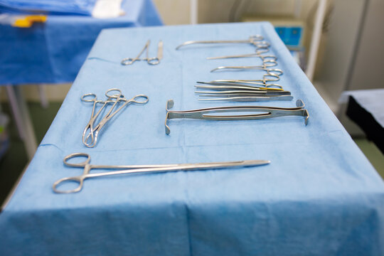 sterile instruments for surgery on a tray