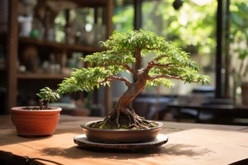 Foto auf Alu-Dibond expertly pruned bonsai tree on a wooden table © altitudevisual