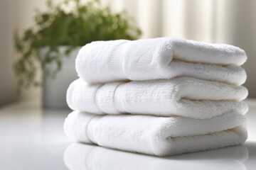 a stack of fluffy towels folded in a bathroom