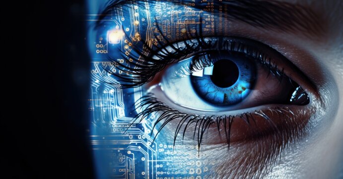 cybernetic eye scanning for vulnerabilities, representing AI's role in cybersecurity