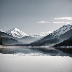 Fototapeta na wymiar snowy mountains are reflected in a lake surrounded by snow