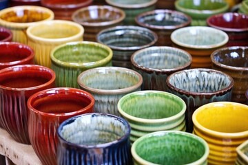 close-up of mugs with still-wet glaze - obrazy, fototapety, plakaty