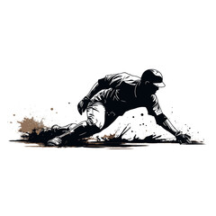 Black silhouette of a male athlete playing baseball, hitting the baseball with a bat and wearing a baseball glove