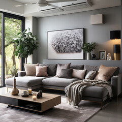  Scandinavian interior design modern living room with fan lamp on the ceiling with gray sofa