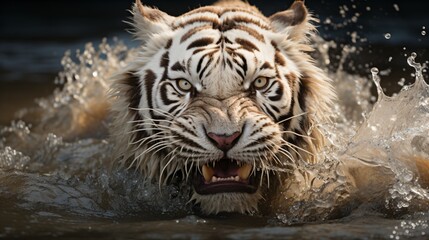 portrait of a white tiger in the water hunting for prey