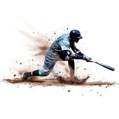 Black silhouette of a male athlete playing baseball, hitting the baseball with a bat and wearing a baseball glove