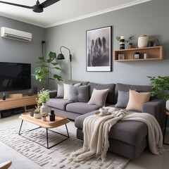 Fototapeta premium Scandinavian interior design modern living room with fan lamp on the ceiling with gray sofa