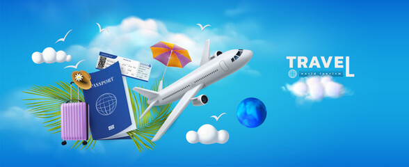 Plane traveling. 3d passport with vacation ticket. World tourism banner. Airplane trip and sky flight. Baggage suitcase in air. Palm leaves and summer umbrella. Airport luggage. Vector exact concept