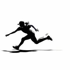 Fototapeta premium Black silhouette of a female athlete playing baseball, hitting the baseball with a bat and wearing a baseball glove