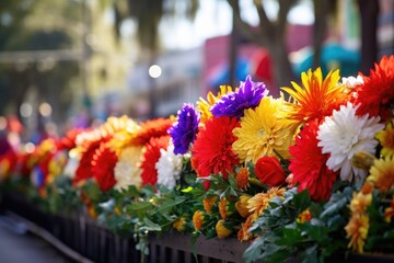 multi-colored floral floats in a holiday parade