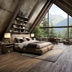 Foto auf Leinwand Interior design of a modern loft bedroom with wooden beams and paneling © Julia