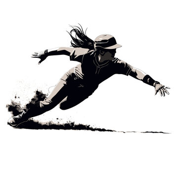 recommend clip art: Black silhouette of a female athlete playing baseball, hitting the baseball with a bat and wearing a baseball glove