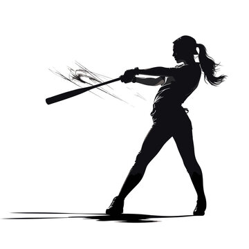 recommend clip art: Black silhouette of a female athlete playing baseball, hitting the baseball with a bat and wearing a baseball glove