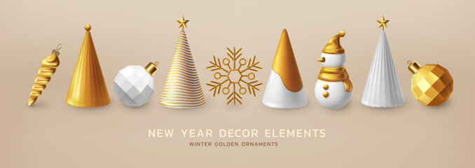 Xmas tree. Gold snowman, Christmas tree, golden snowflake, white ball toys, new year decor elements with snow, winter ornaments for holiday banners. 3D render objects. Vector isolated exact render