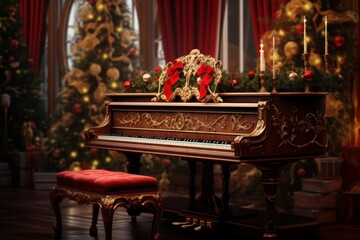 Fototapeta na wymiar Piano with Christmas decoration. Winter holiday vintage house season. Generate Ai