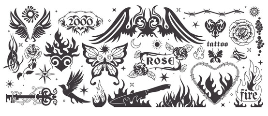Y2k fire. Flame elements, gothic girly and tribal fonts, angel and heart in 90s style, line tattoo. Black butterfly, bird and knife. Modern retro decorative elements. Vector icons, exact illustration - obrazy, fototapety, plakaty