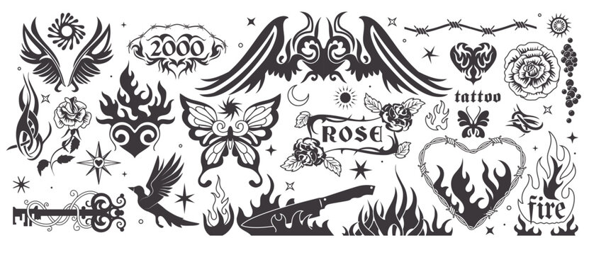 Y2k fire. Flame elements, gothic girly and tribal fonts, angel and heart in 90s style, line tattoo. Black butterfly, bird and knife. Modern retro decorative elements. Vector icons, exact illustration
