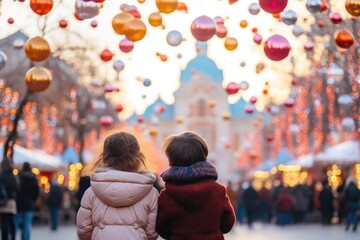Children infort of a vibrant town square adorned with winter festivity decorations and lights  -...