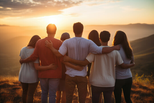 Group of mix race people hugging each other in the meadow supporting each other symbolizing unity, back view