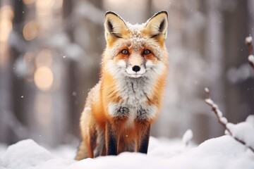 Winter Fox Encounter - A curious fox amidst a serene snow-covered forest - AI Generated