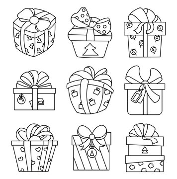 New Year and Christmas gift box. Coloring Page. Holiday surprise and presents. Hand drawn style. Vector drawing. Collection of design elements.